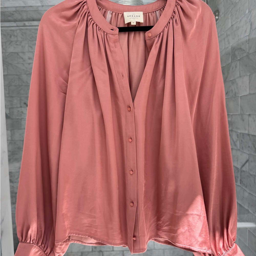 Sezane Pink Buttoned Blouse with Mandarin Collar